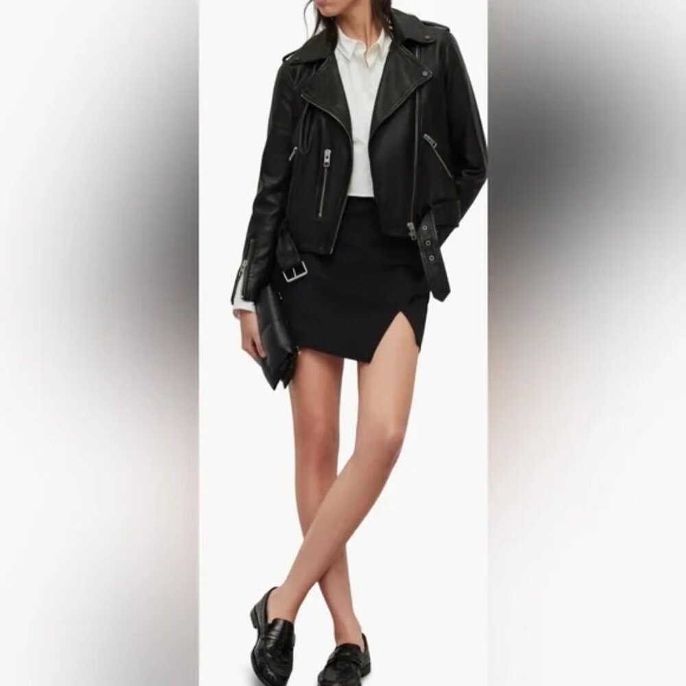 AllSaints Balfern Black Biker Cropped Belted Leather Jacket $528 New Sz 6 - Picture 5 of 16